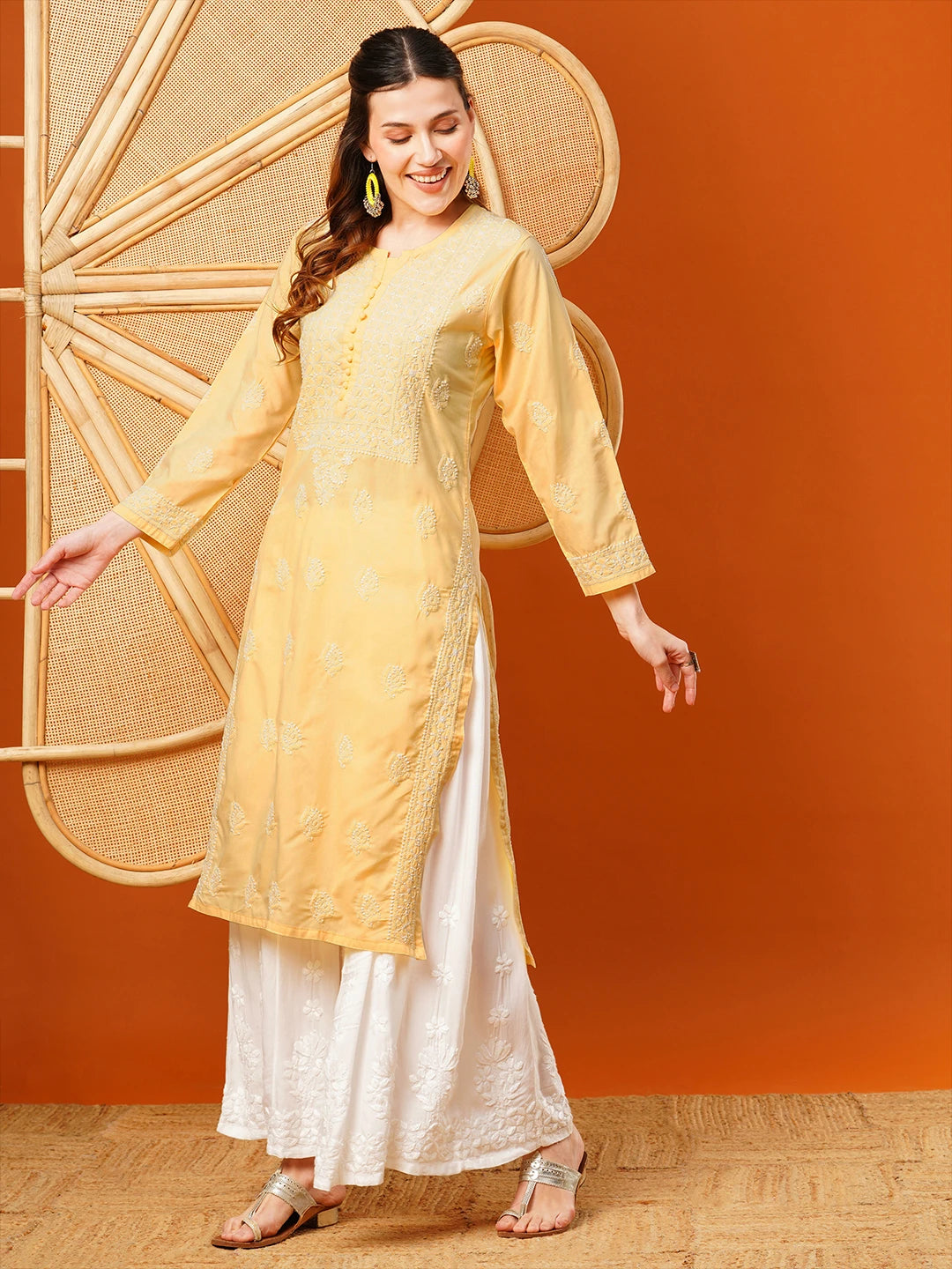 Exquisite Hand-Embroidered Cotton Lucknowi Chikankari Kurta with Palazzo Set