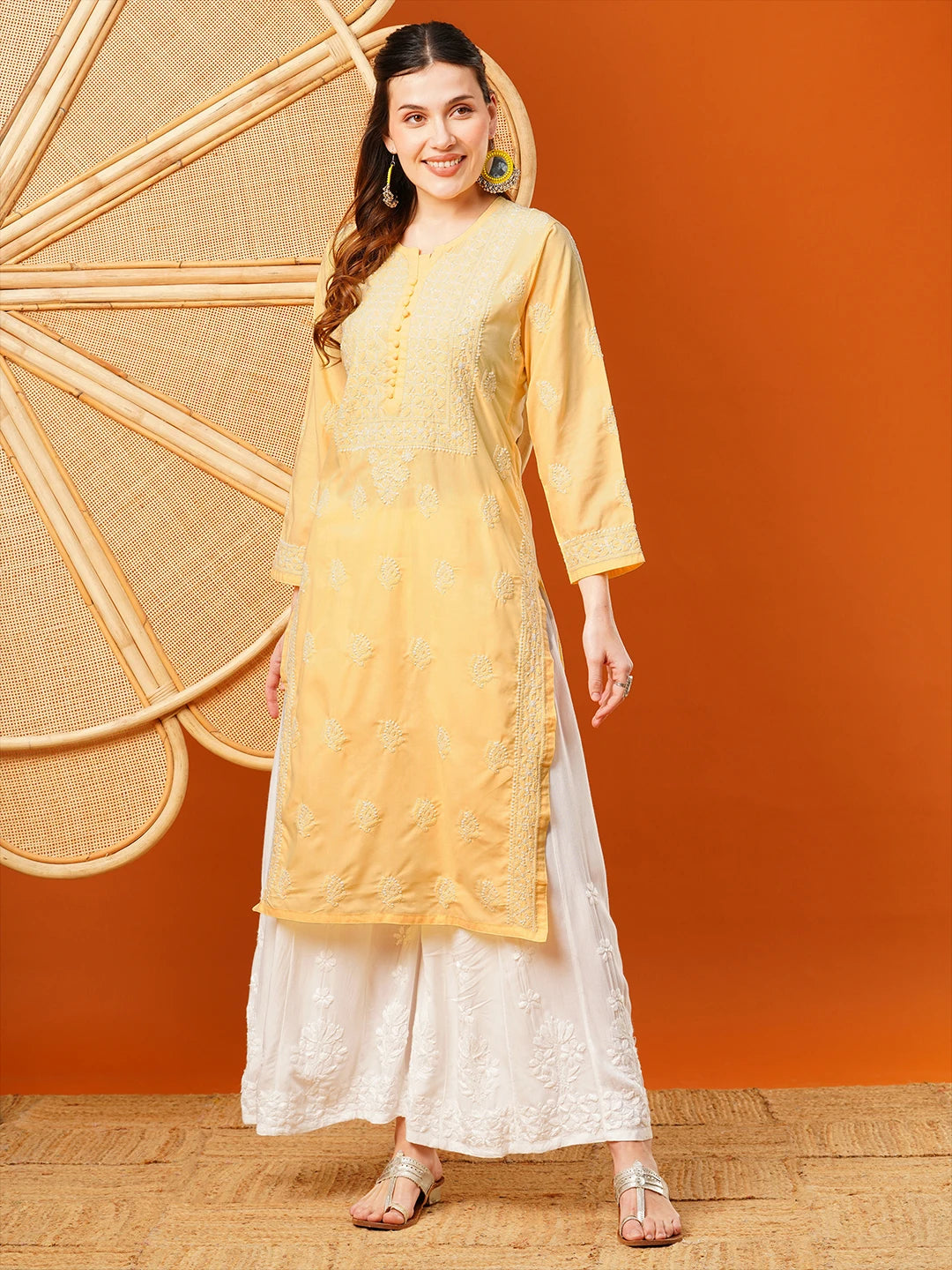 Exquisite Hand-Embroidered Cotton Lucknowi Chikankari Kurta with Palazzo Set