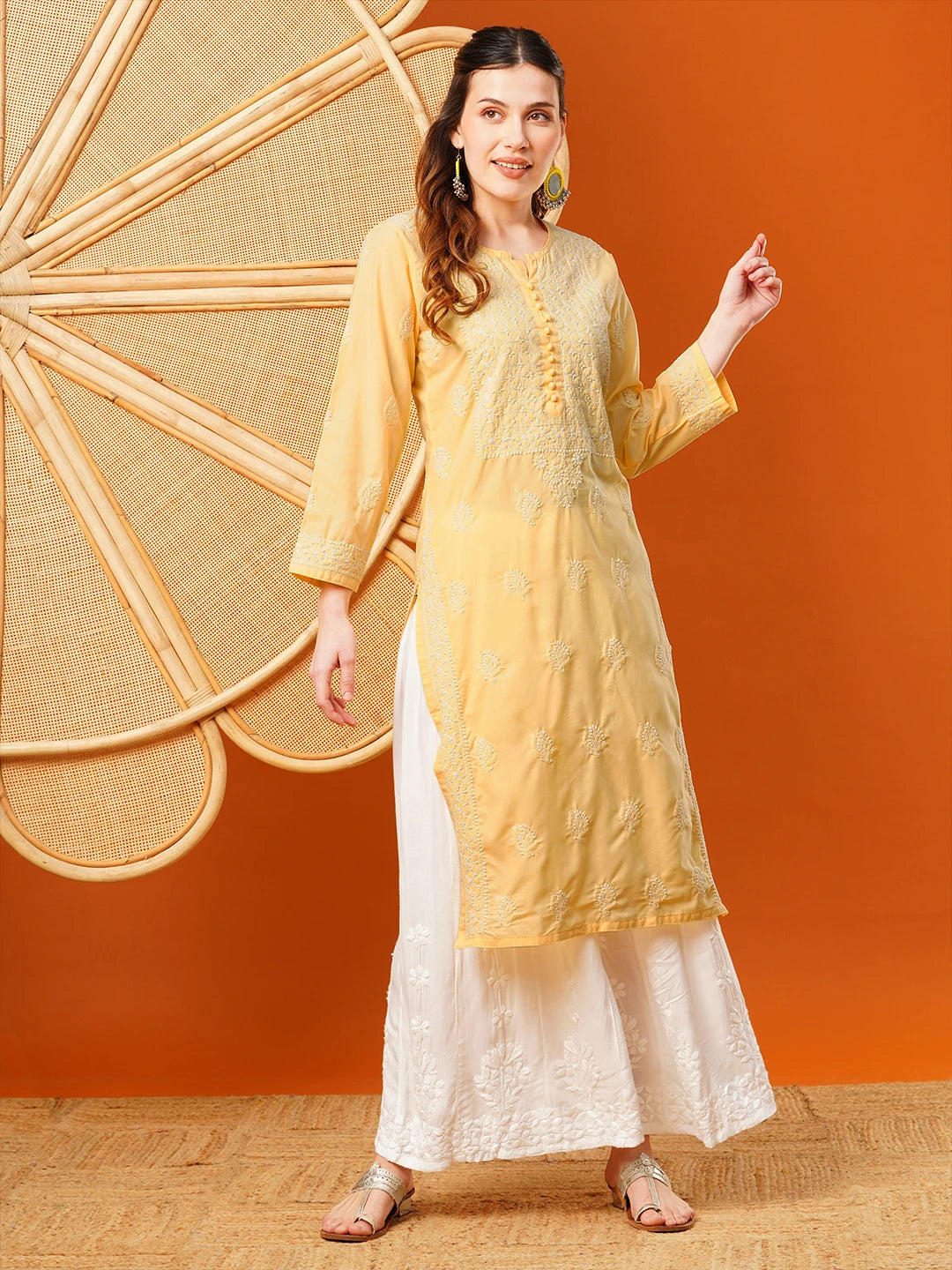 Exquisite Hand-Embroidered Cotton Lucknowi Chikankari Kurta with Palazzo Set