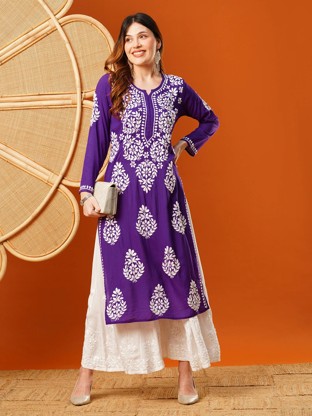 Hand-Embroidered Modal Lucknowi Chikankari Straight Kurta and Palazzo Set