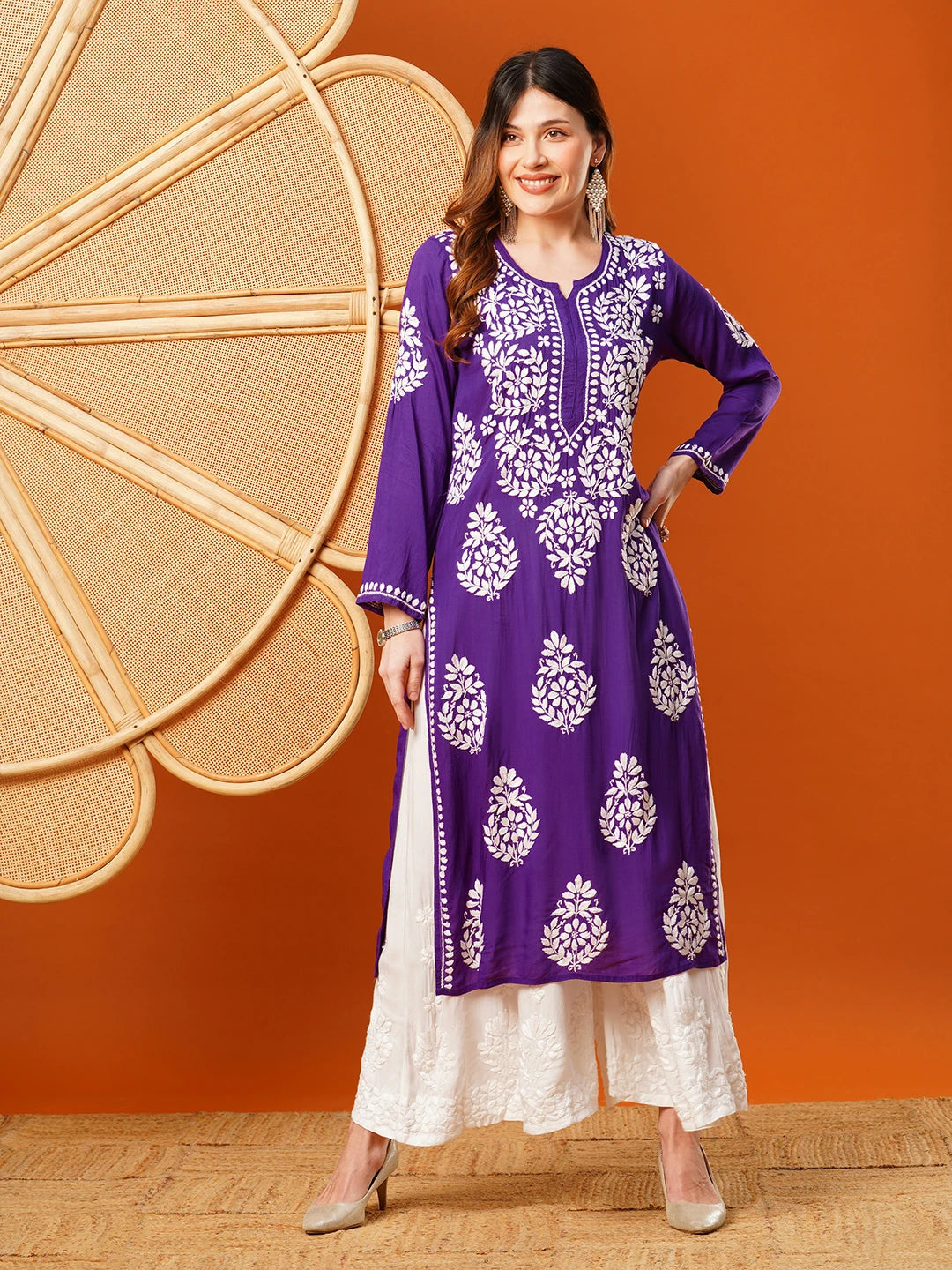 Hand-Embroidered Modal Lucknowi Chikankari Straight Kurta and Palazzo Set