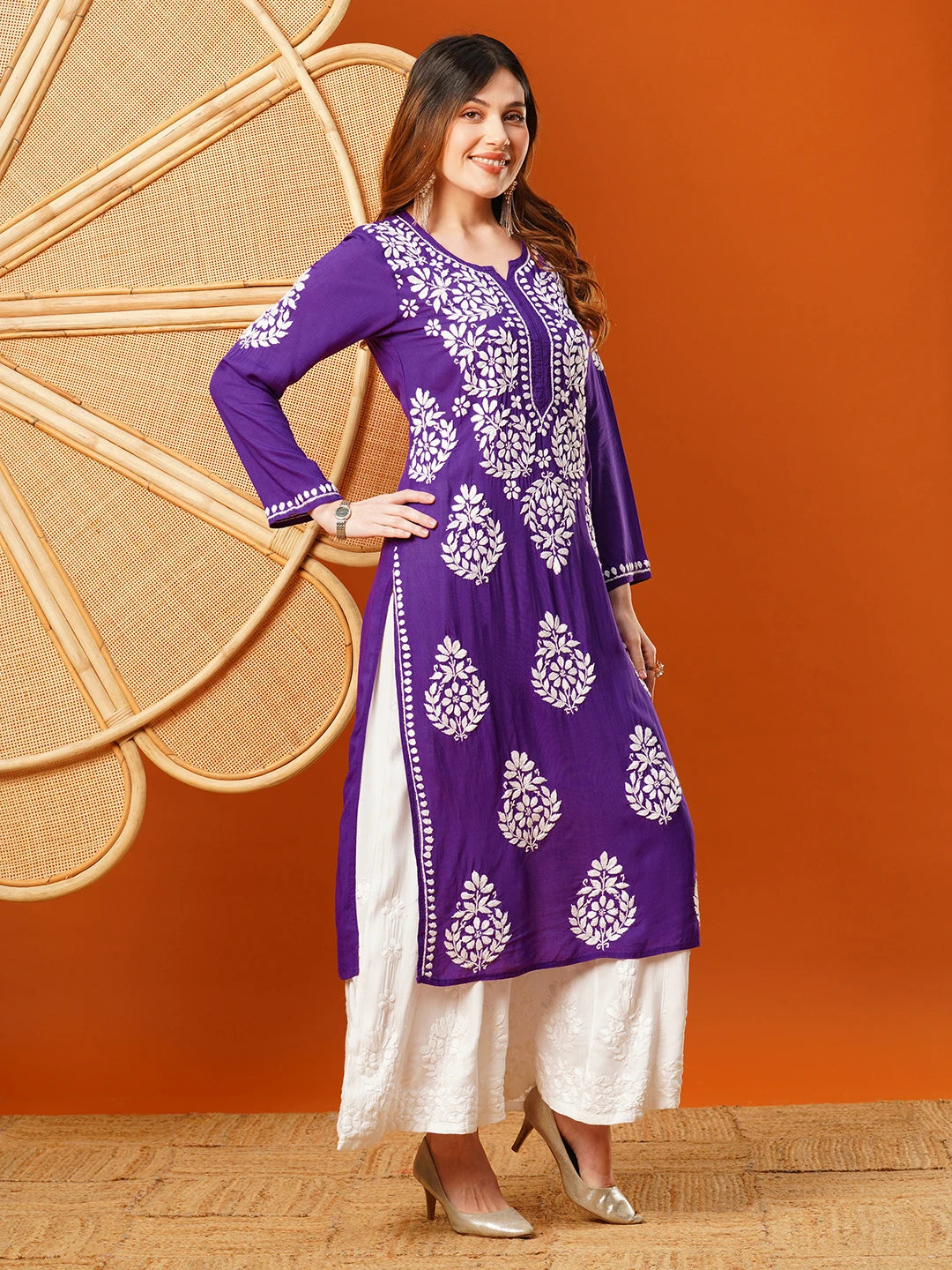 Hand-Embroidered Modal Lucknowi Chikankari Straight Kurta and Palazzo Set