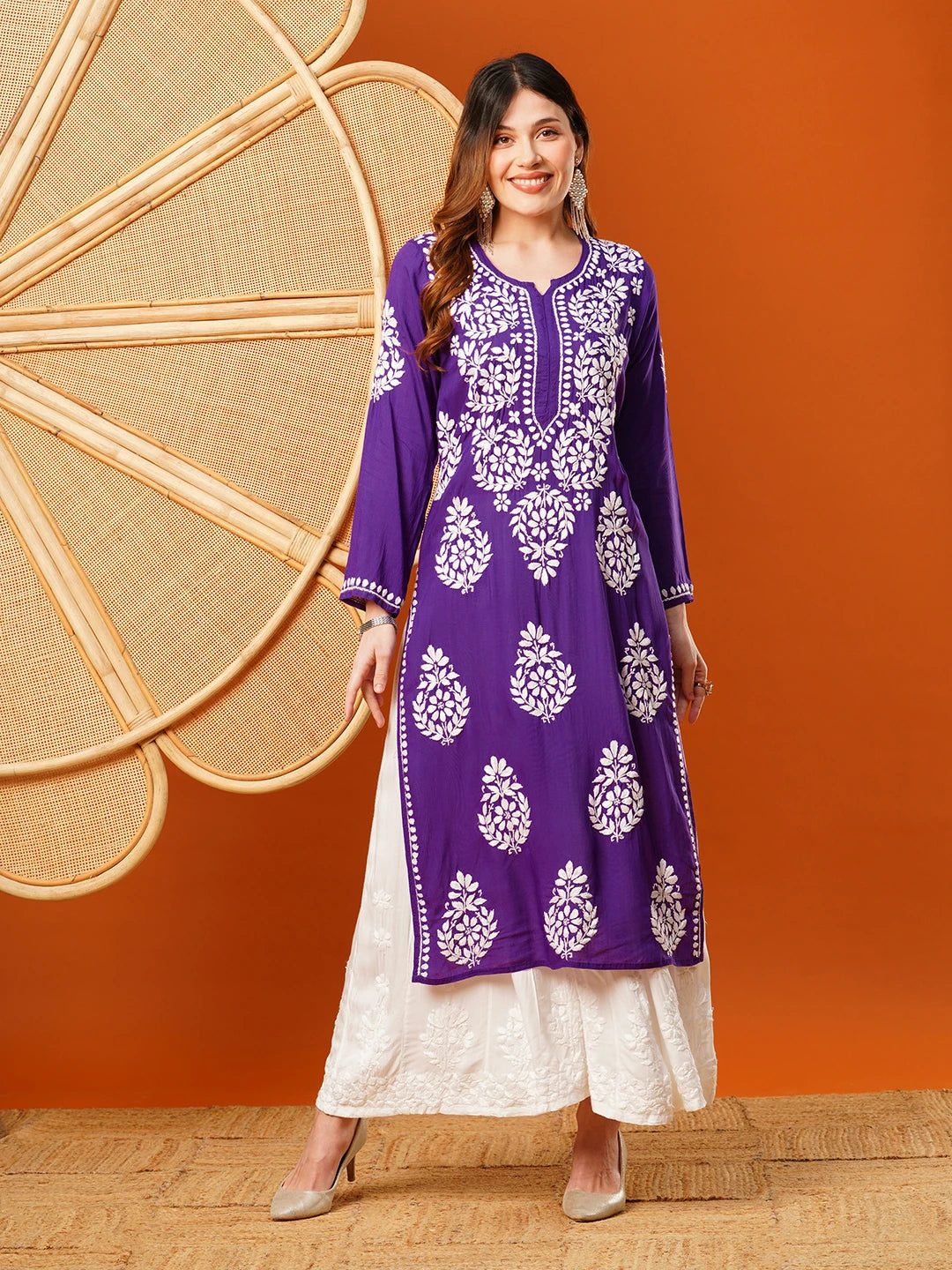 Hand-Embroidered Modal Lucknowi Chikankari Straight Kurta and Palazzo Set