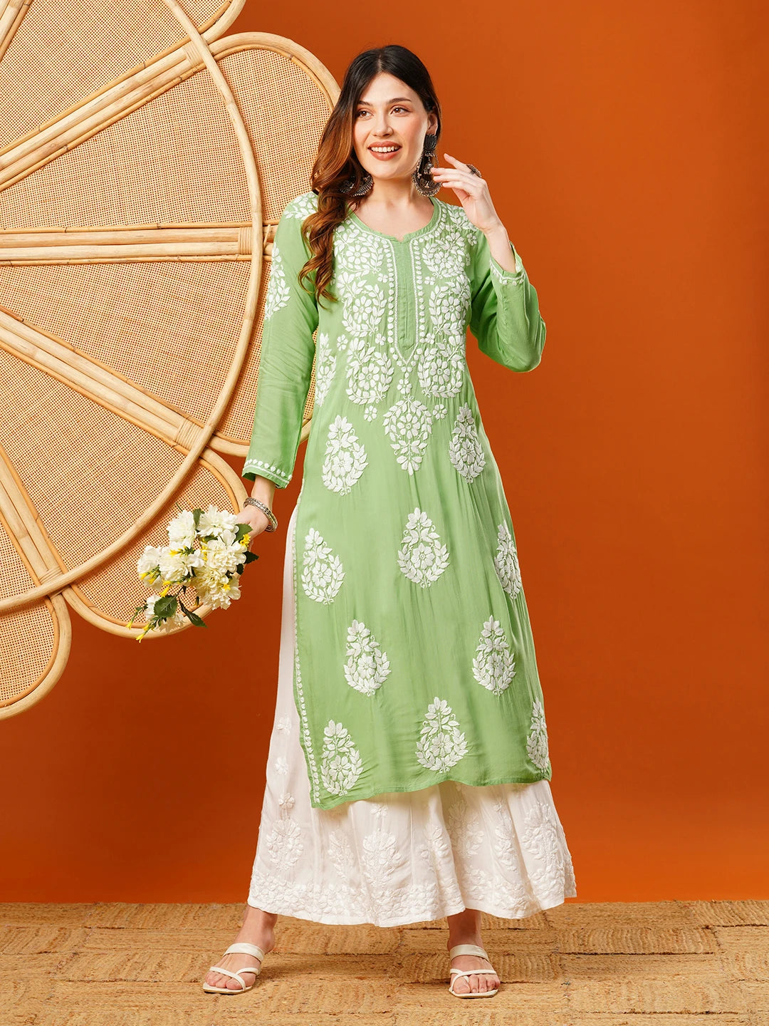 Hand-Embroidered Modal Lucknowi Chikankari Straight Kurta and Palazzo Set