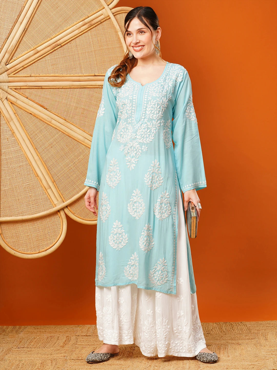 Hand-Embroidered Modal Lucknowi Chikankari Straight Kurta and Palazzo Set