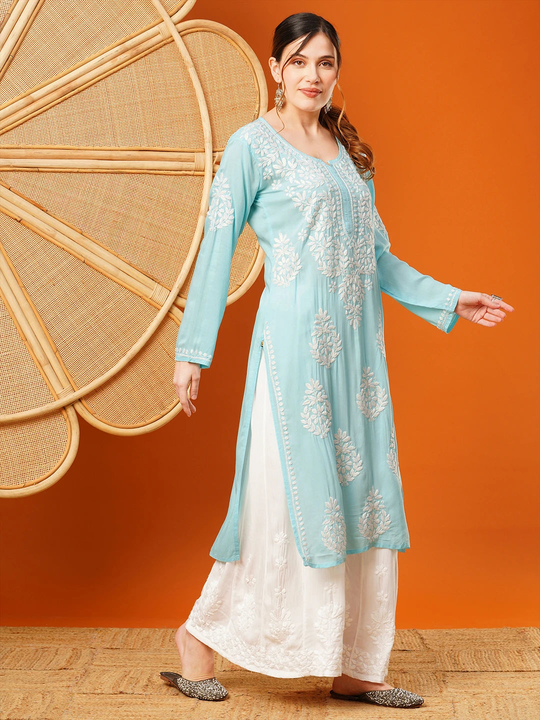 Hand-Embroidered Modal Lucknowi Chikankari Straight Kurta and Palazzo Set