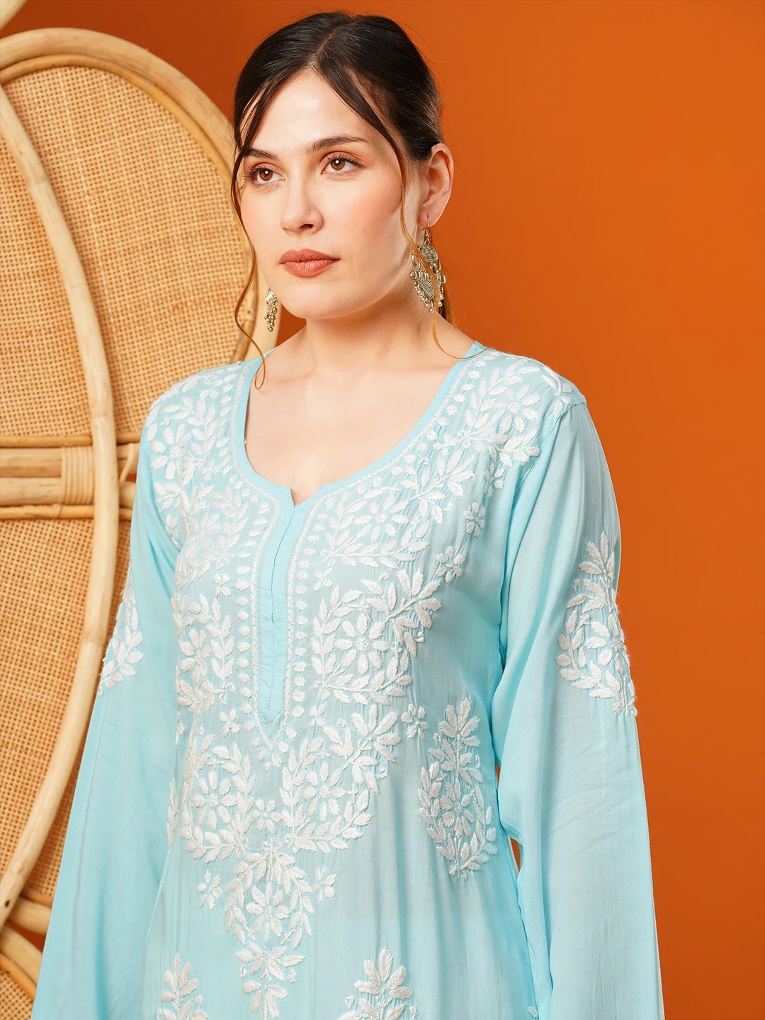 Hand-Embroidered Modal Lucknowi Chikankari Straight Kurta and Palazzo Set