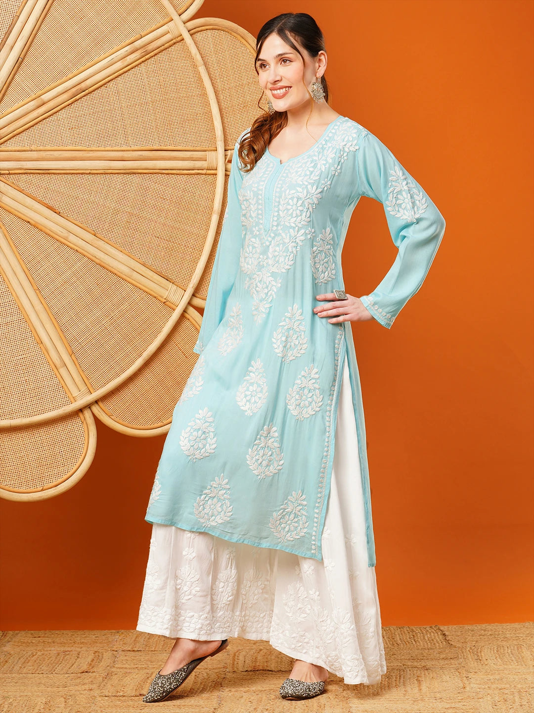 Hand-Embroidered Modal Lucknowi Chikankari Straight Kurta and Palazzo Set