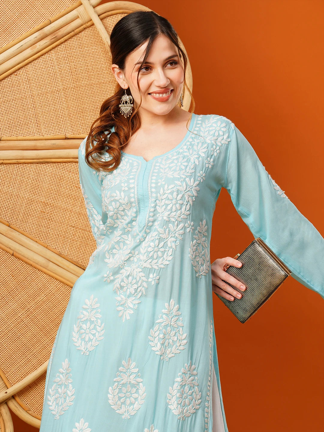 Hand-Embroidered Modal Lucknowi Chikankari Straight Kurta and Palazzo Set