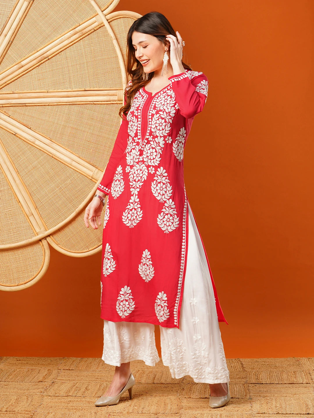 Hand-Embroidered Modal Lucknowi Chikankari Straight Kurta and Palazzo Set