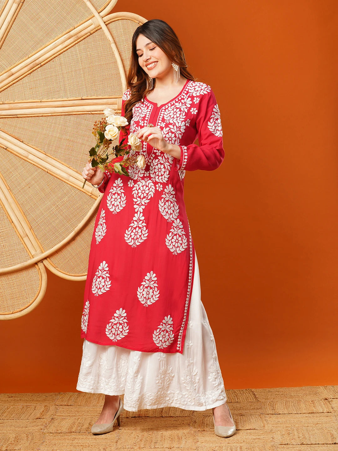 Hand-Embroidered Modal Lucknowi Chikankari Straight Kurta and Palazzo Set