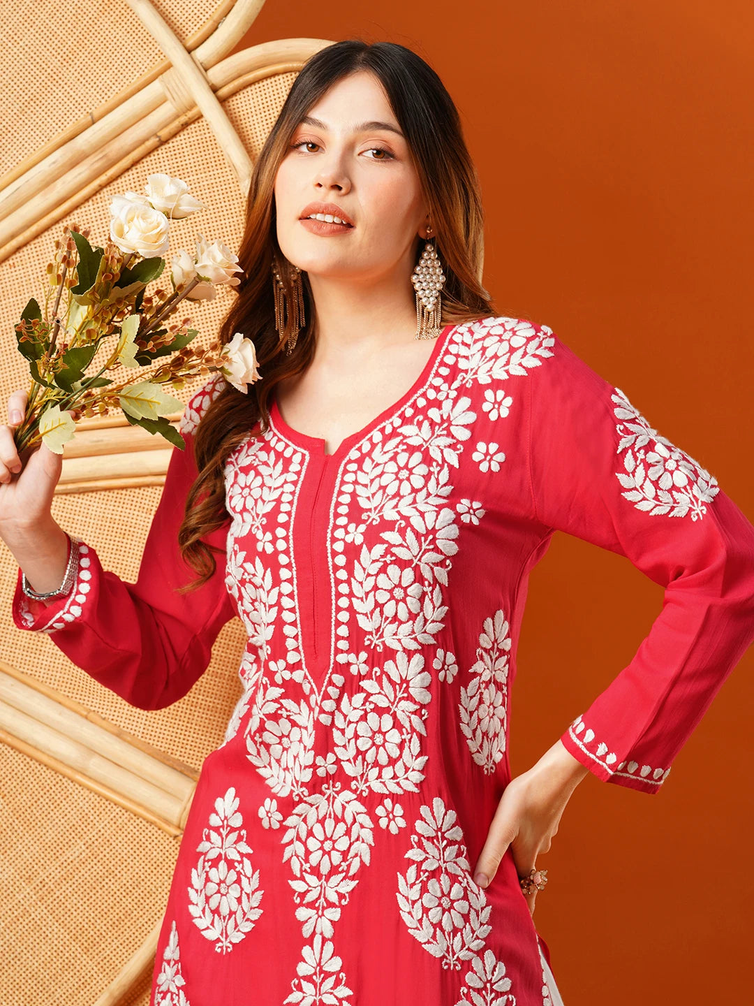 Hand-Embroidered Modal Lucknowi Chikankari Straight Kurta and Palazzo Set