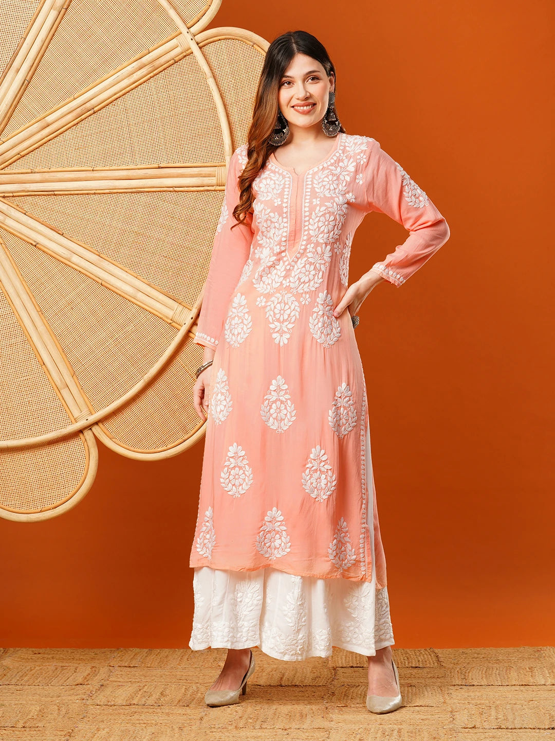 Hand-Embroidered Modal Lucknowi Chikankari Straight Kurta and Palazzo Set