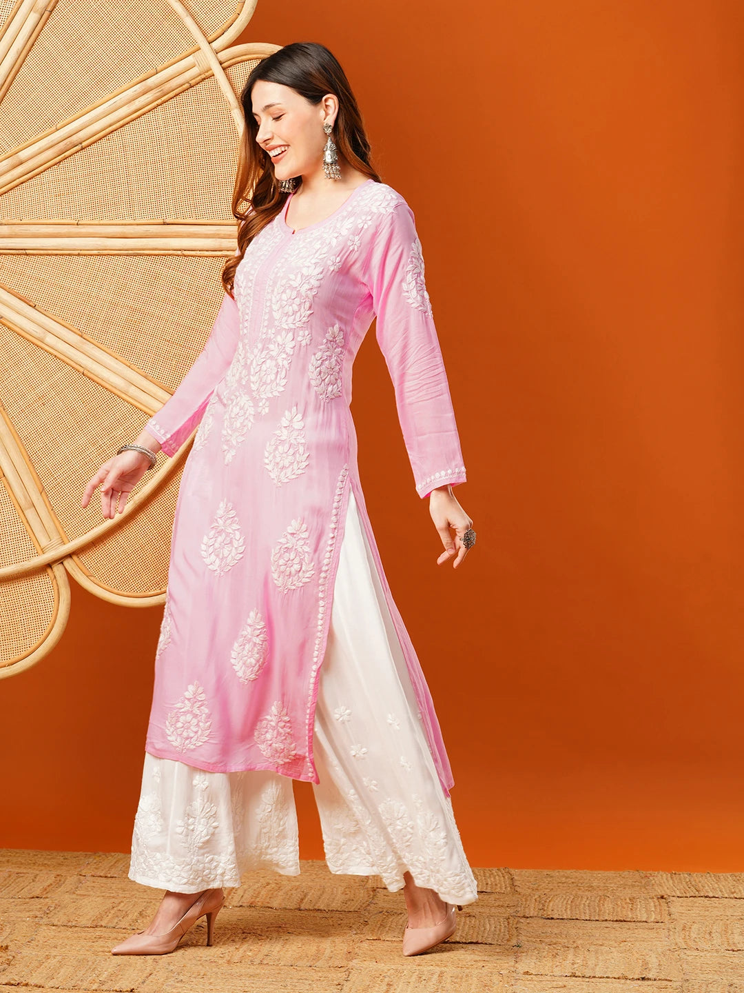 Hand-Embroidered Modal Lucknowi Chikankari Straight Kurta and Palazzo Set