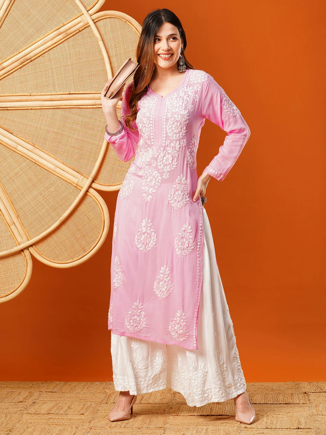 Hand-Embroidered Modal Lucknowi Chikankari Straight Kurta and Palazzo Set