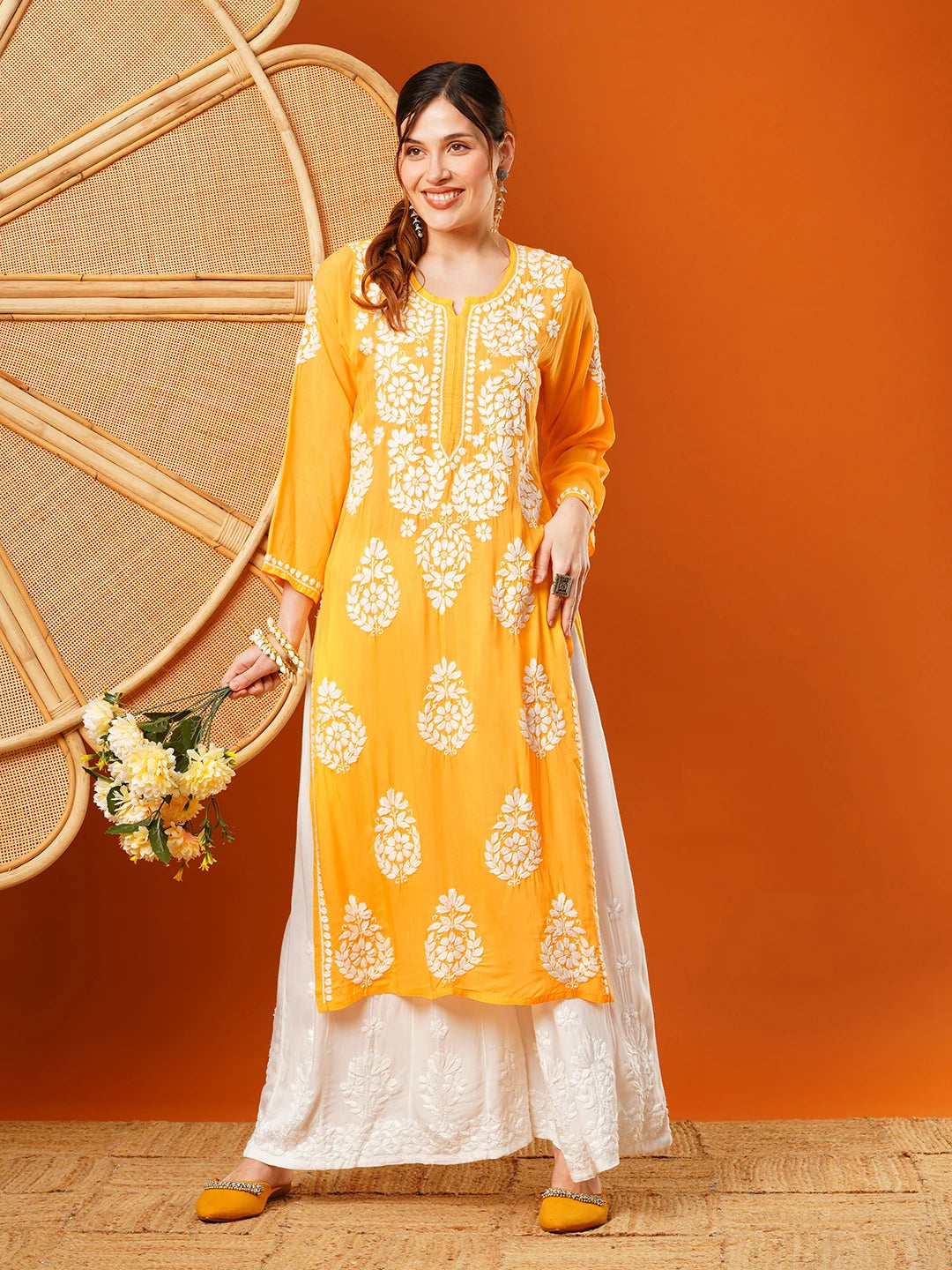 Hand-Embroidered Modal Lucknowi Chikankari Straight Kurta and Palazzo Set