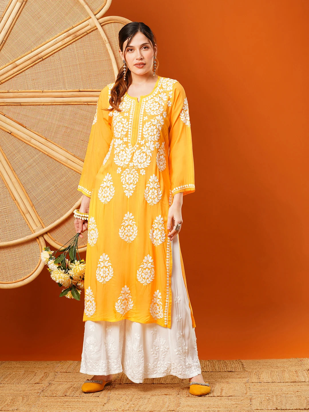 Hand-Embroidered Modal Lucknowi Chikankari Straight Kurta and Palazzo Set