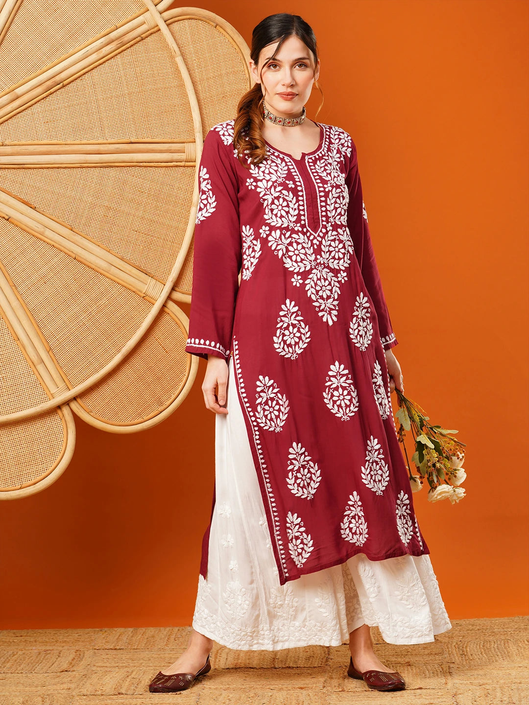 Hand-Embroidered Modal Lucknowi Chikankari Straight Kurta and Palazzo Set