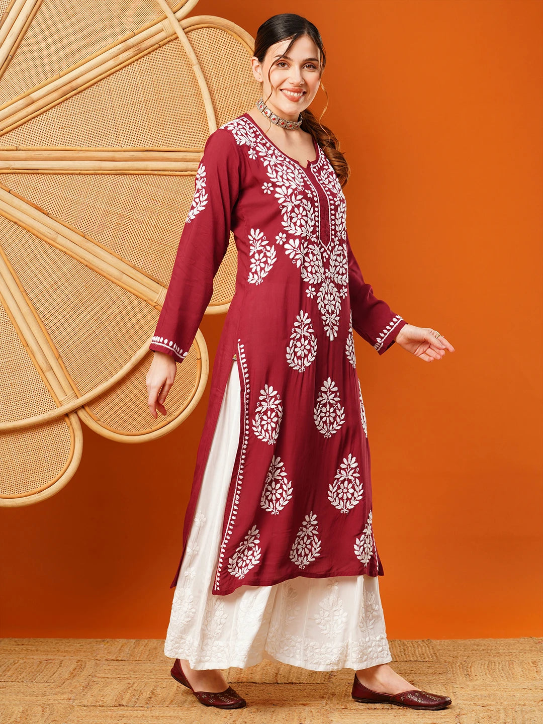 Hand-Embroidered Modal Lucknowi Chikankari Straight Kurta and Palazzo Set