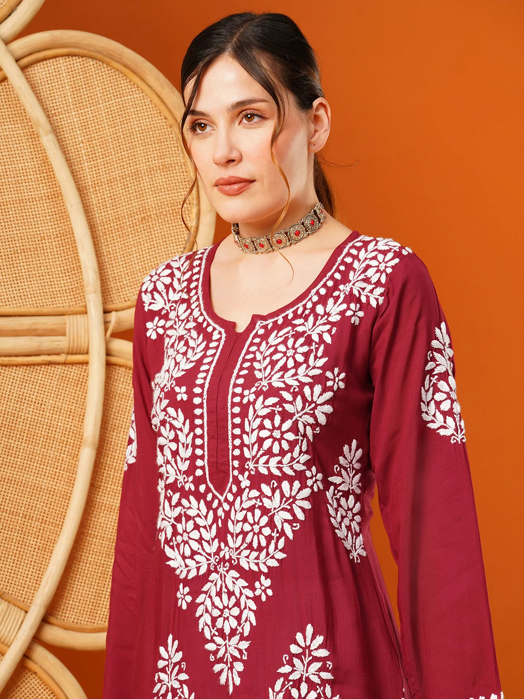 Hand-Embroidered Modal Lucknowi Chikankari Straight Kurta and Palazzo Set