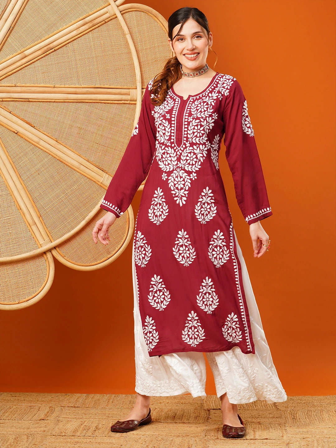 Hand-Embroidered Modal Lucknowi Chikankari Straight Kurta and Palazzo Set