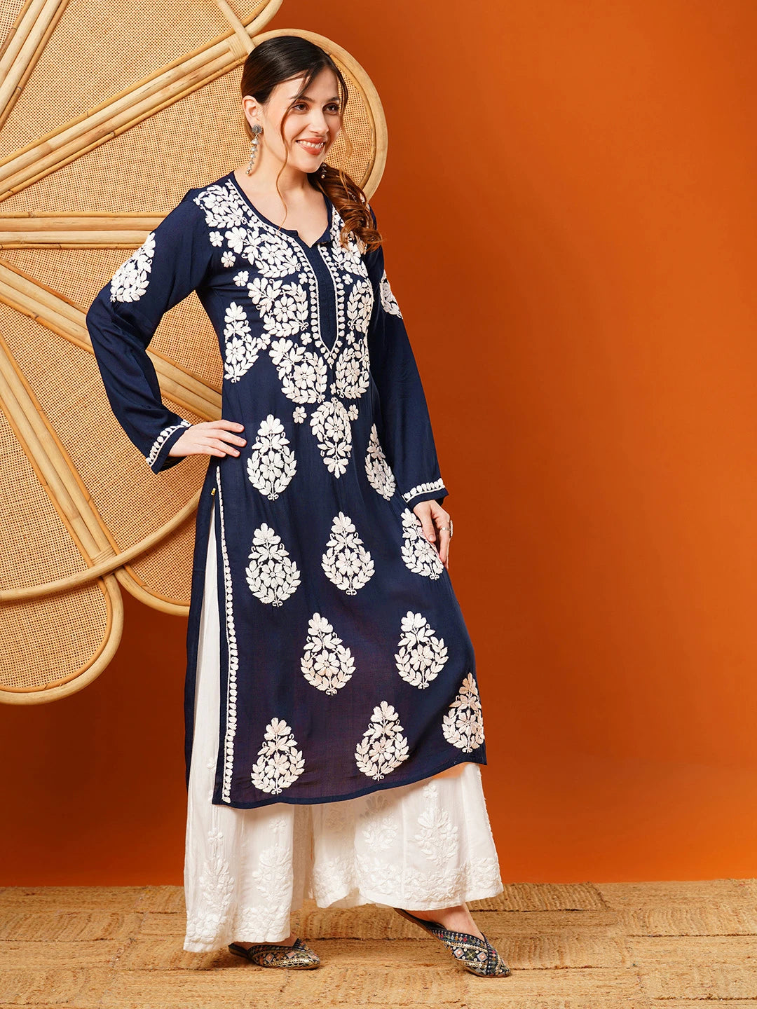 Hand-Embroidered Modal Lucknowi Chikankari Straight Kurta and Palazzo Set