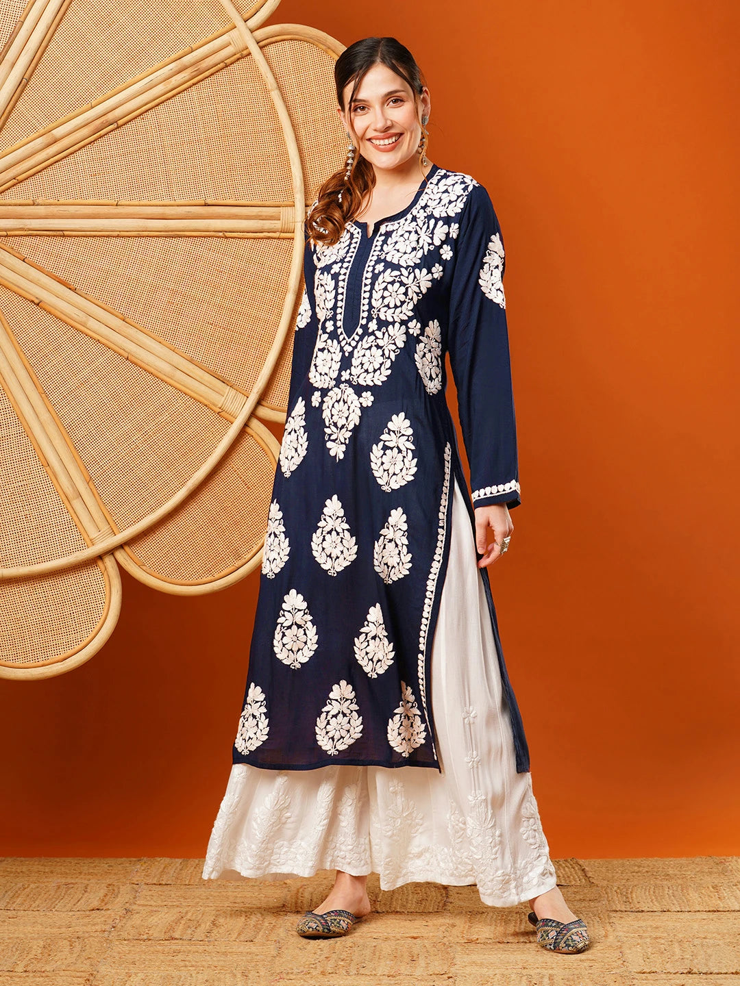 Hand-Embroidered Modal Lucknowi Chikankari Straight Kurta and Palazzo Set