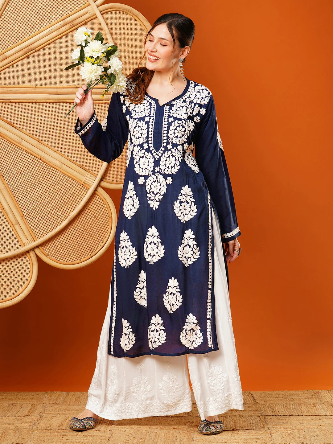 Hand-Embroidered Modal Lucknowi Chikankari Straight Kurta and Palazzo Set