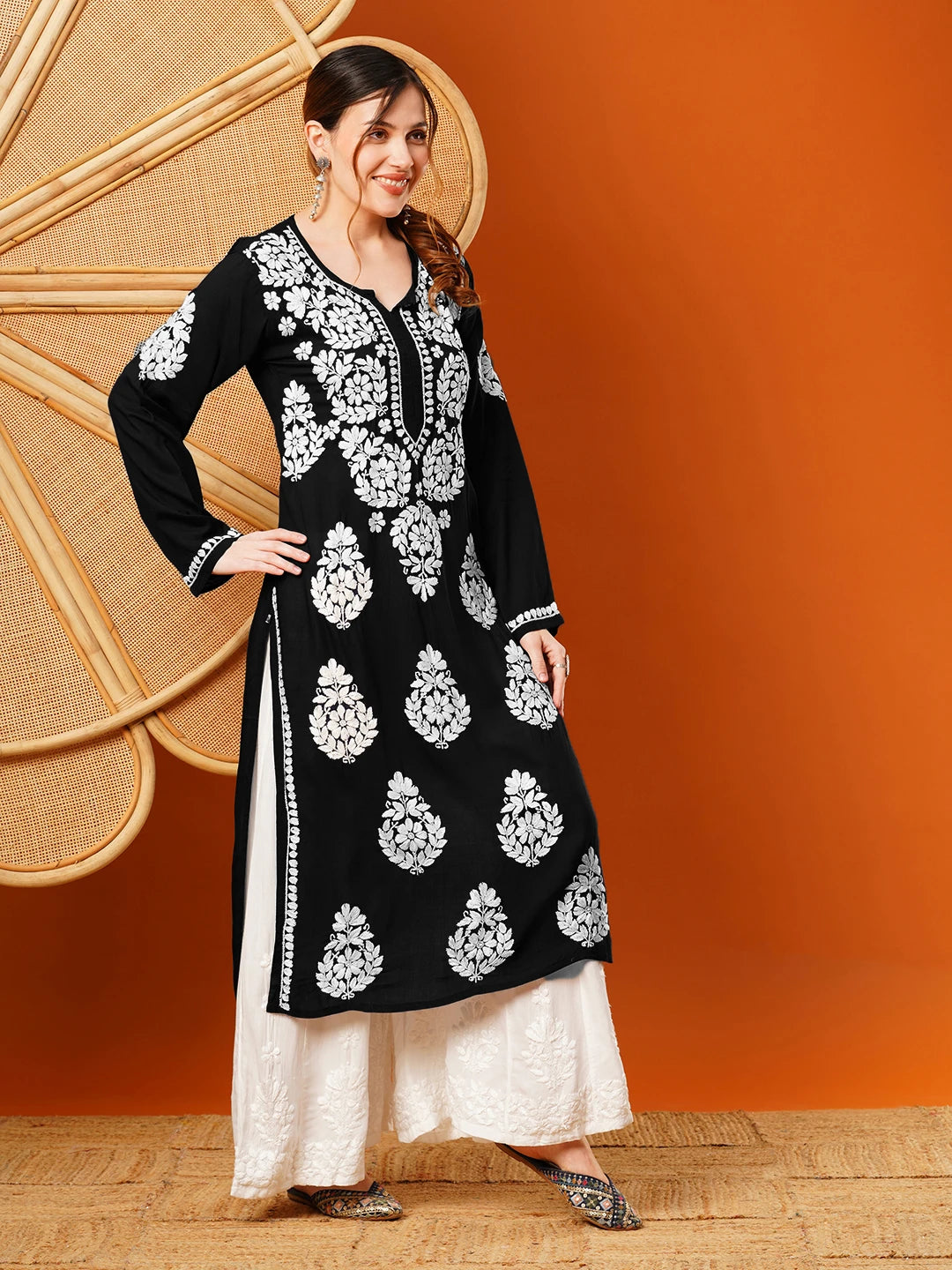 Hand-Embroidered Modal Lucknowi Chikankari Straight Kurta and Palazzo Set