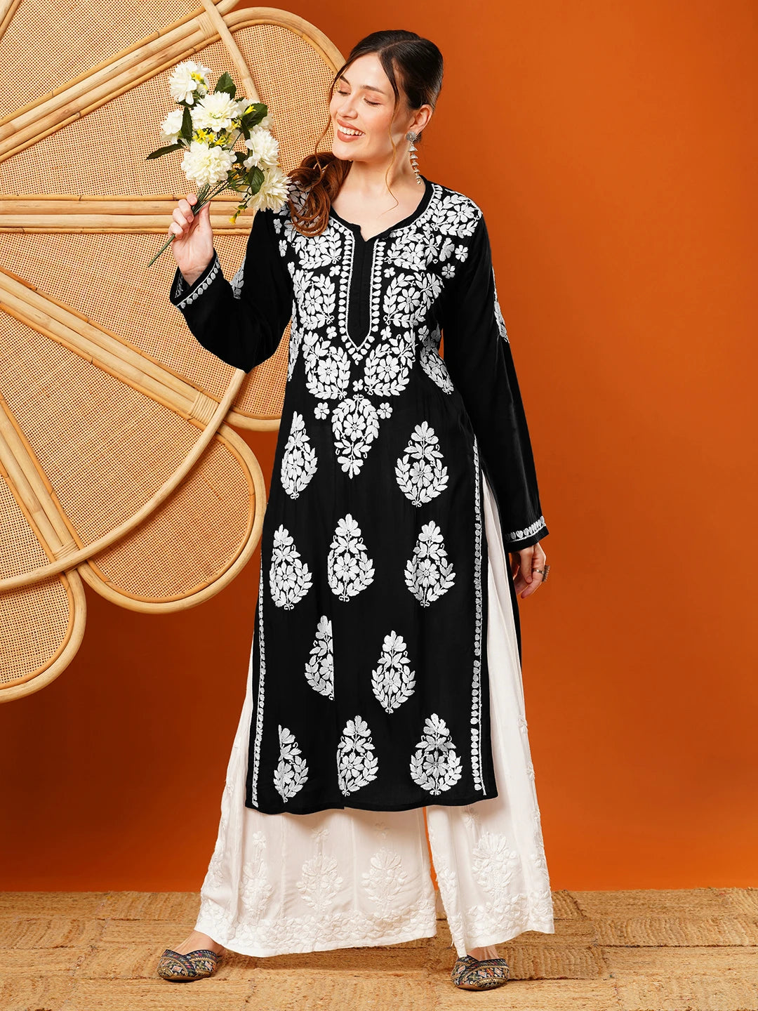 Hand-Embroidered Modal Lucknowi Chikankari Straight Kurta and Palazzo Set