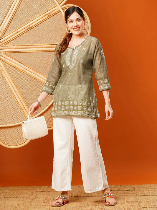 Chanderi Lucknowi Chikankari Short Kurti | Handcrafted Elegance