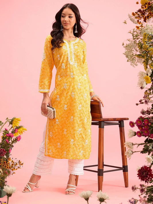 Exquisite Hand-Embroidered Cotton Lucknowi Chikankari Straight Kurta