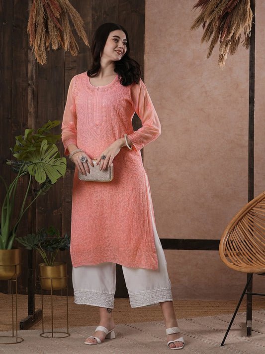 Elegant Peach Kota Chikan Kurta with Intricate Hand Embroidery