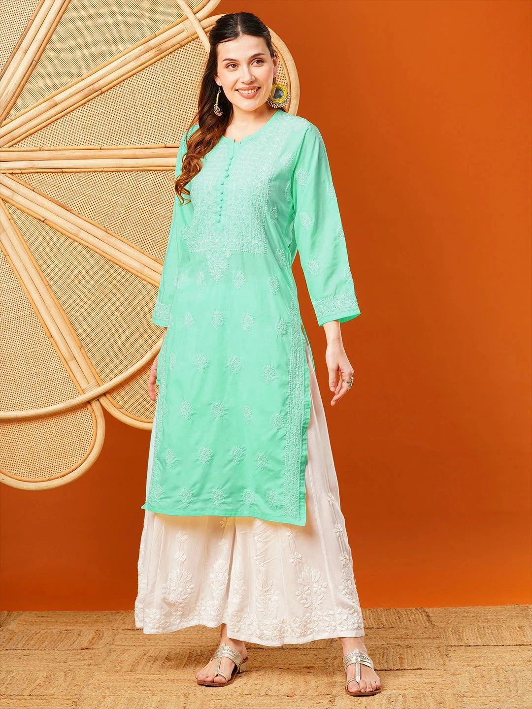 Exquisite Hand-Embroidered Cotton Lucknowi Chikankari Kurta with Palazzo Set