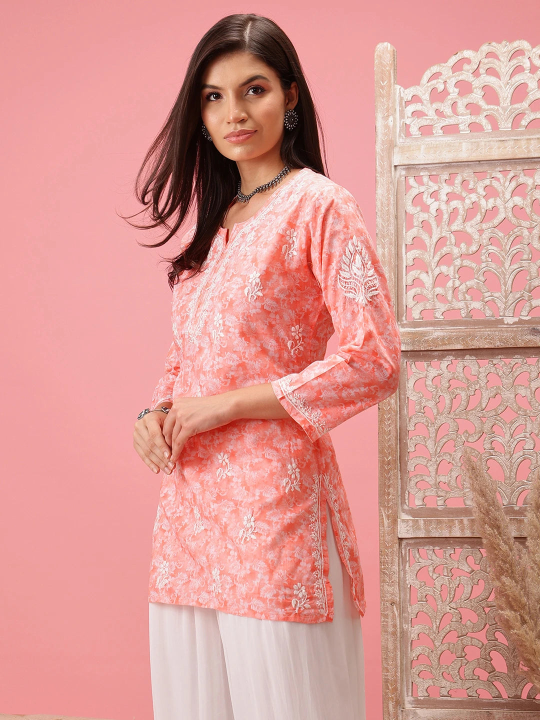 Prewashed Peach Cotton Chikan Kurti with Side Slits