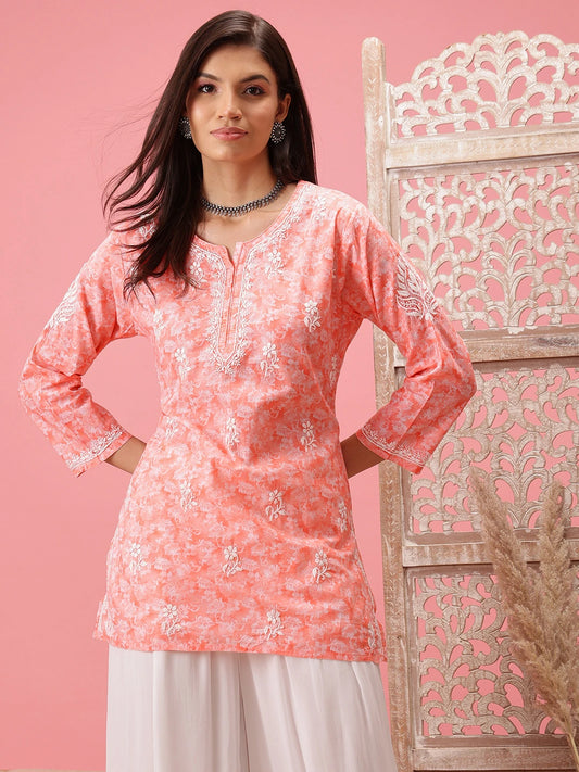 Prewashed Peach Cotton Chikan Kurti with Side Slits