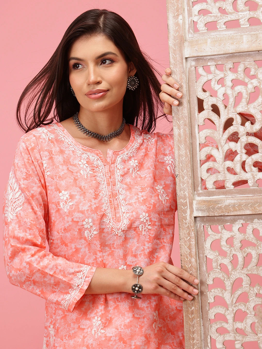 Prewashed Peach Cotton Chikan Kurti with Side Slits