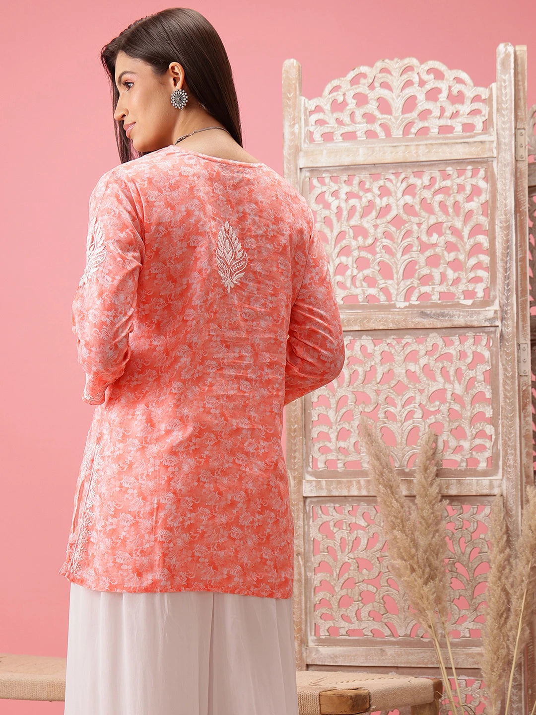 Prewashed Peach Cotton Chikan Kurti with Side Slits