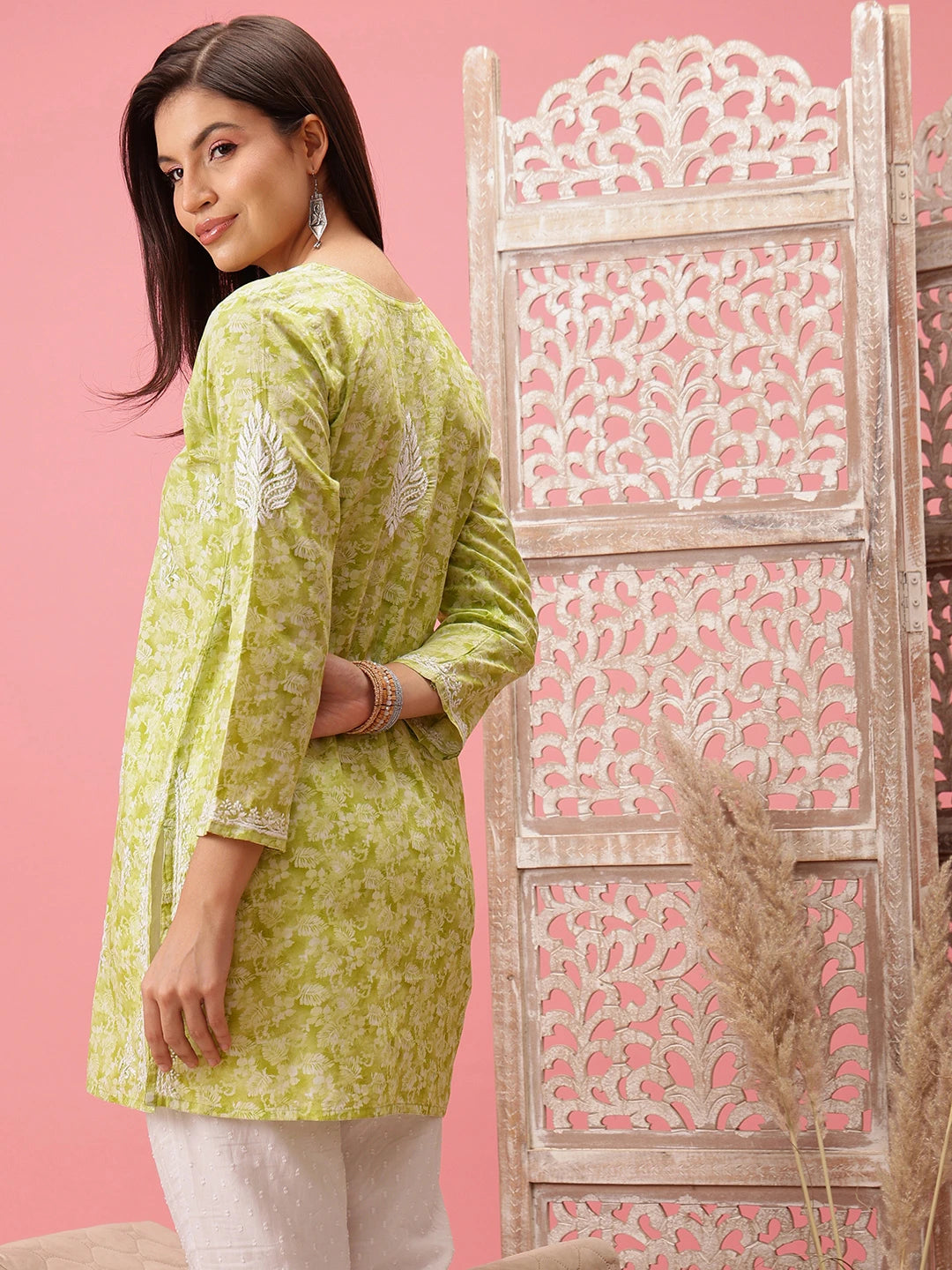 Prewashed Peach Cotton Chikan Kurti with Side Slits