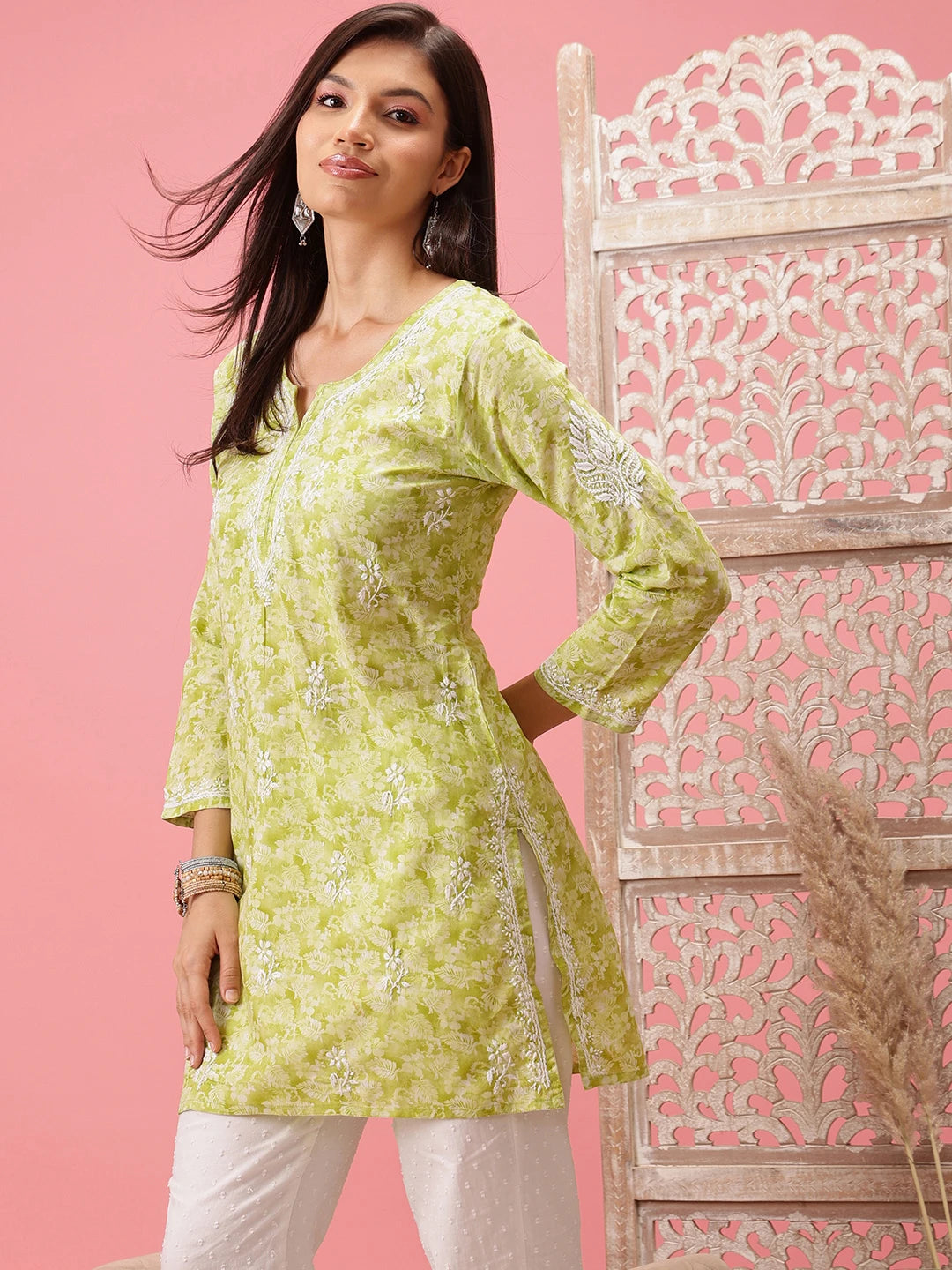 Prewashed Peach Cotton Chikan Kurti with Side Slits