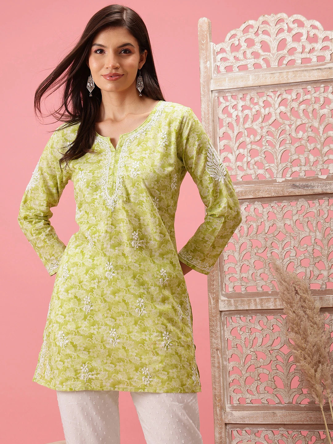 Prewashed Peach Cotton Chikan Kurti with Side Slits