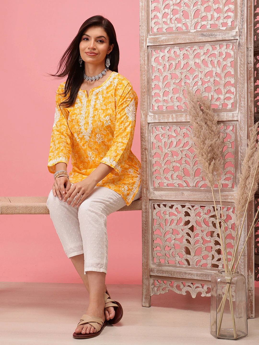 Prewashed Peach Cotton Chikan Kurti with Side Slits