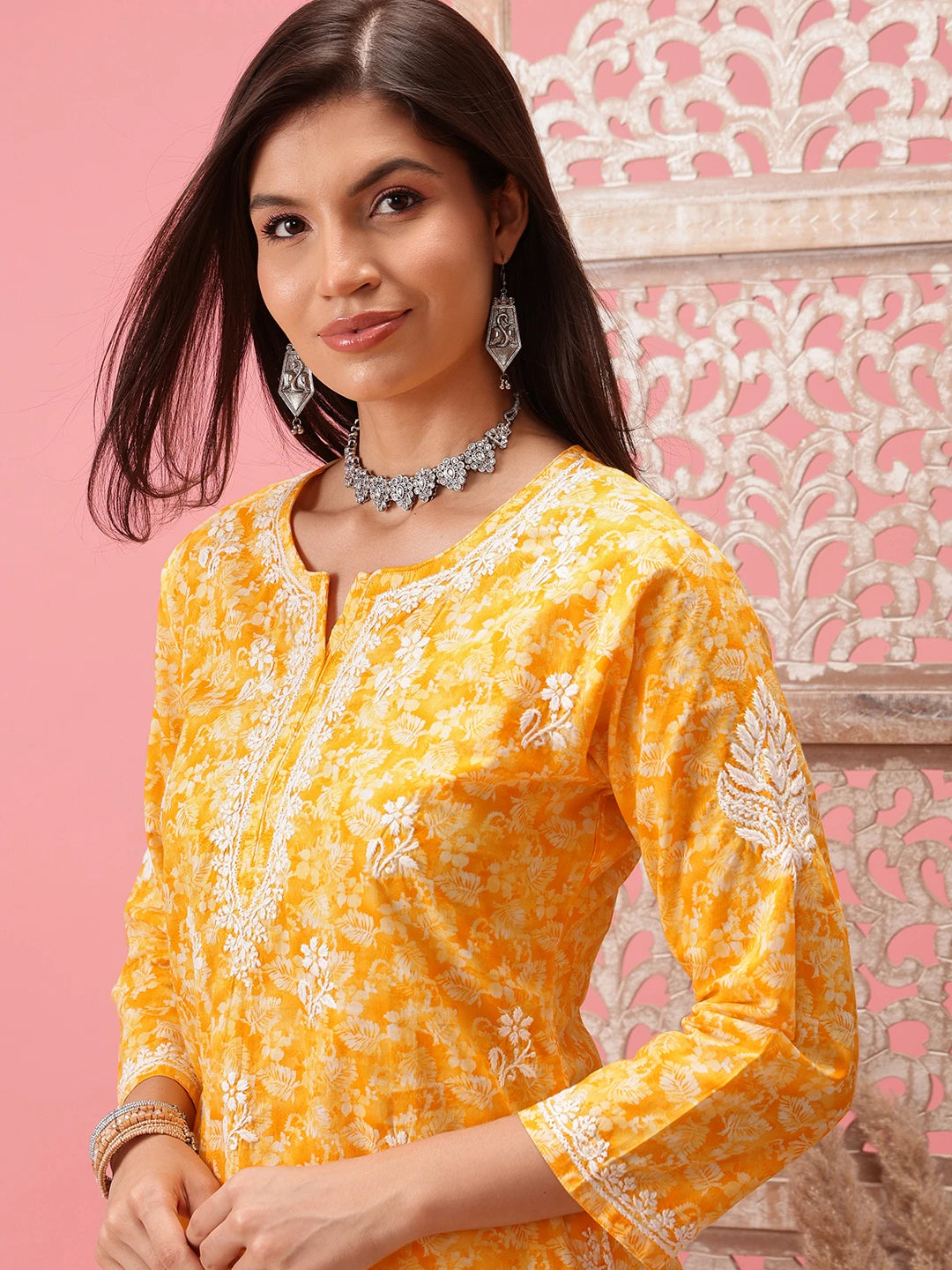 Prewashed Peach Cotton Chikan Kurti with Side Slits