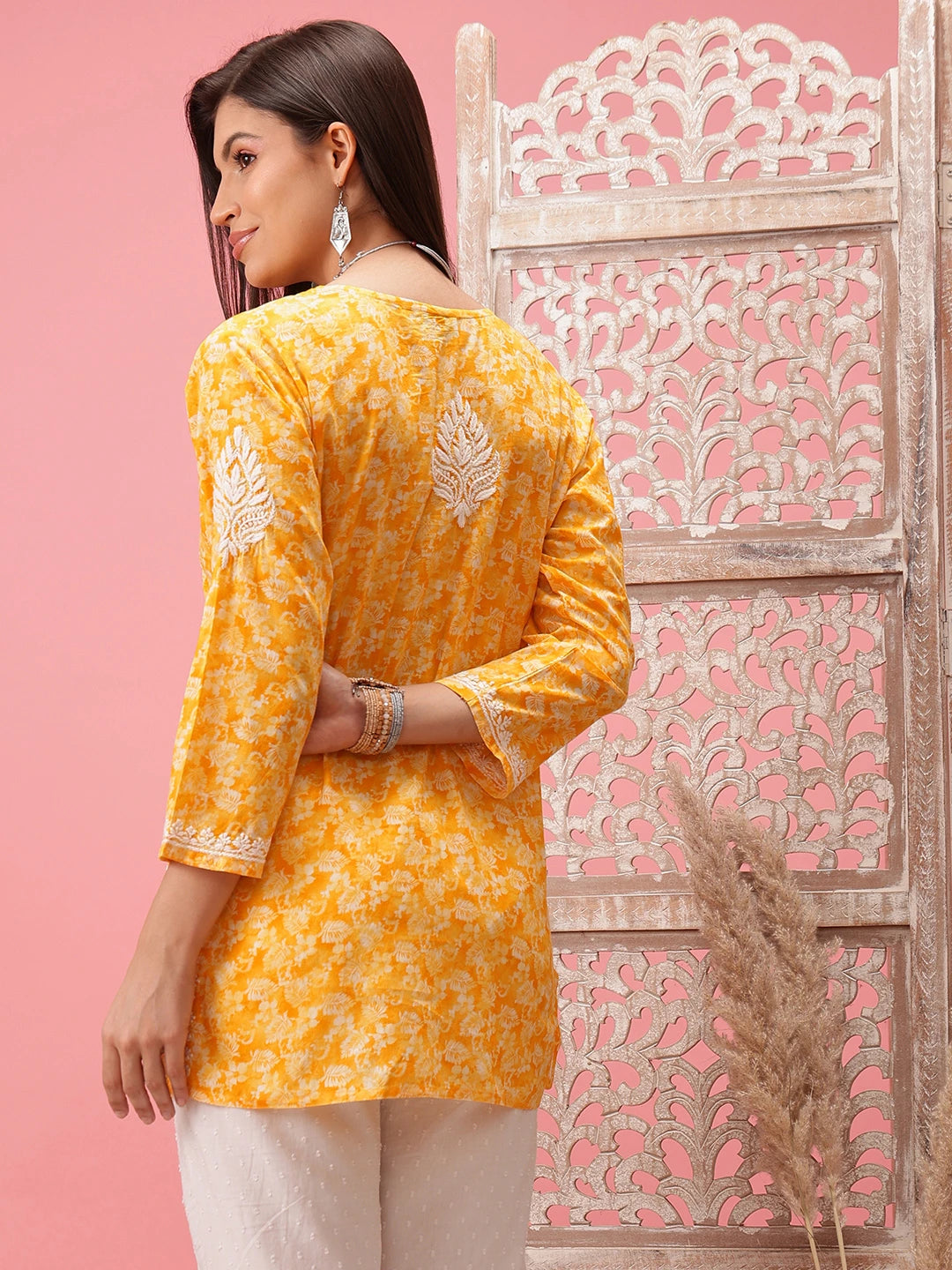 Prewashed Peach Cotton Chikan Kurti with Side Slits