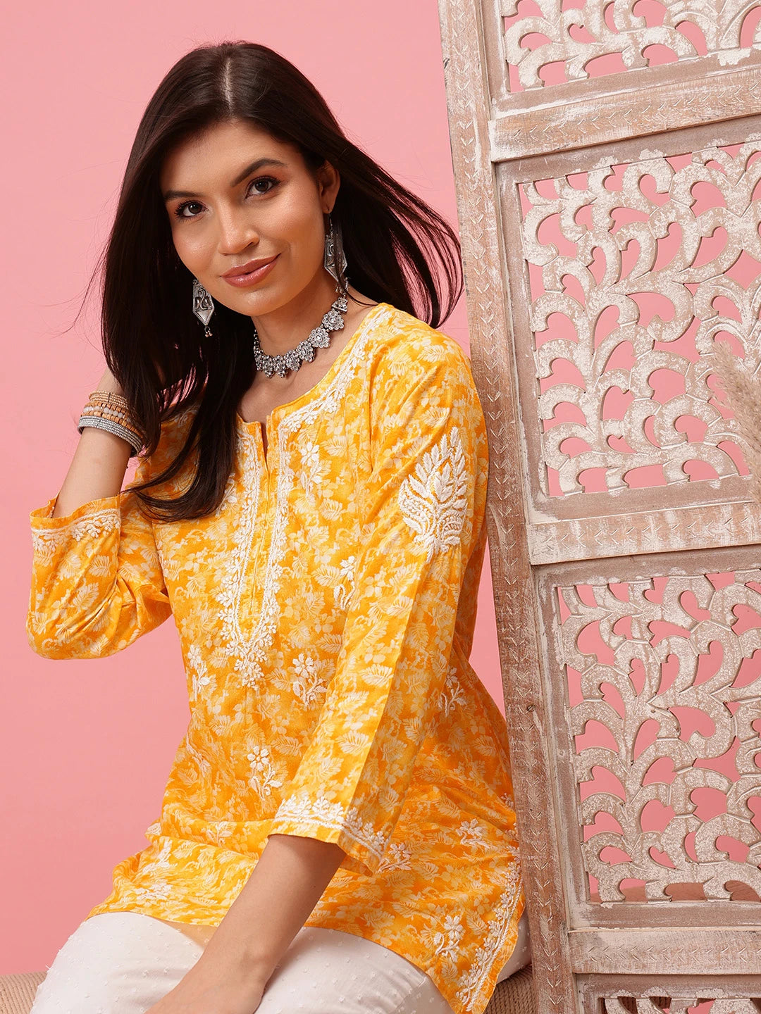 Prewashed Peach Cotton Chikan Kurti with Side Slits