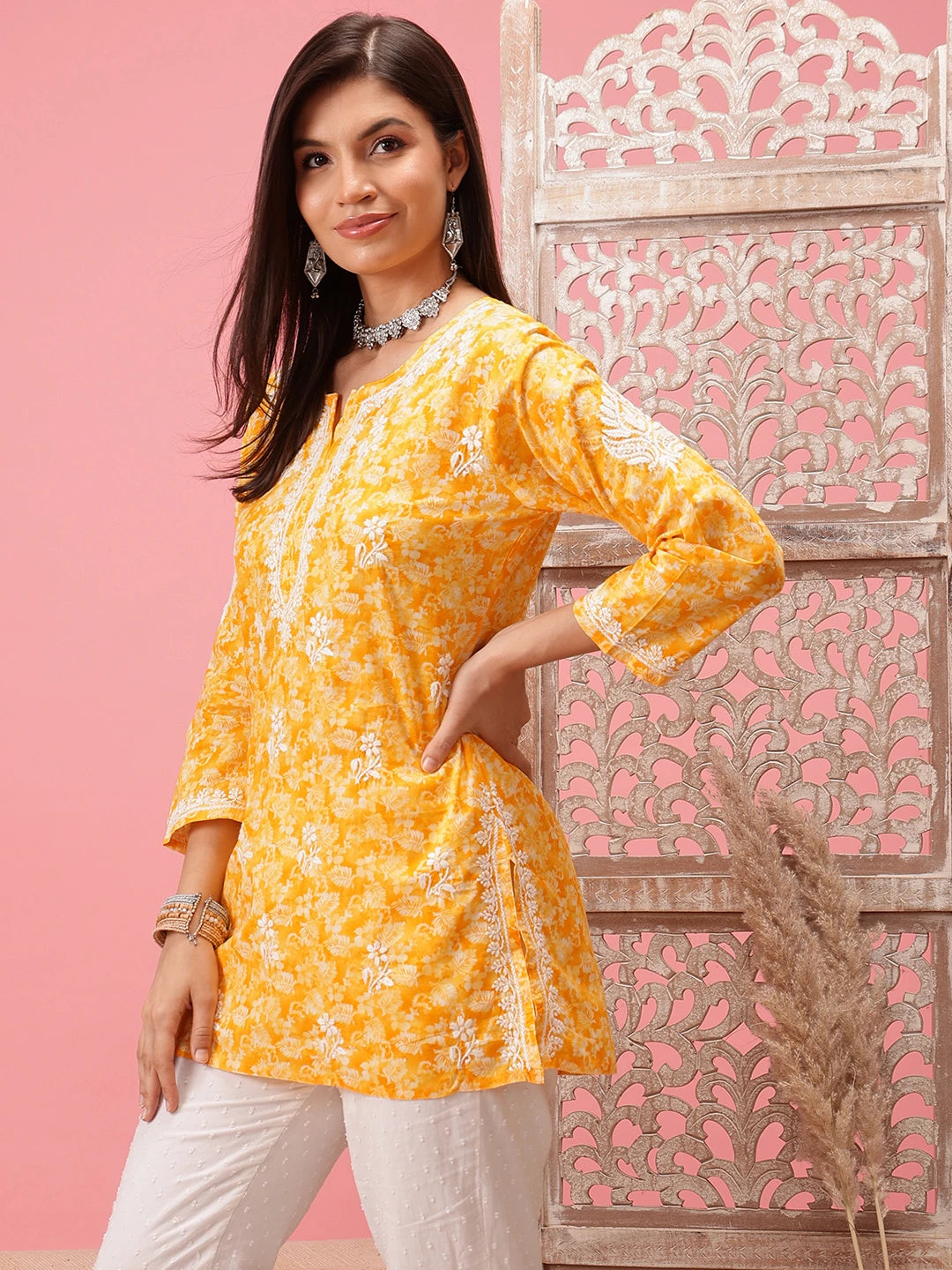 Prewashed Peach Cotton Chikan Kurti with Side Slits