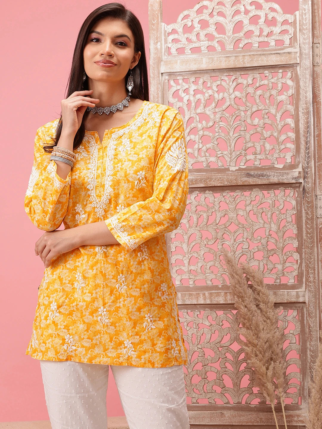 Prewashed Peach Cotton Chikan Kurti with Side Slits