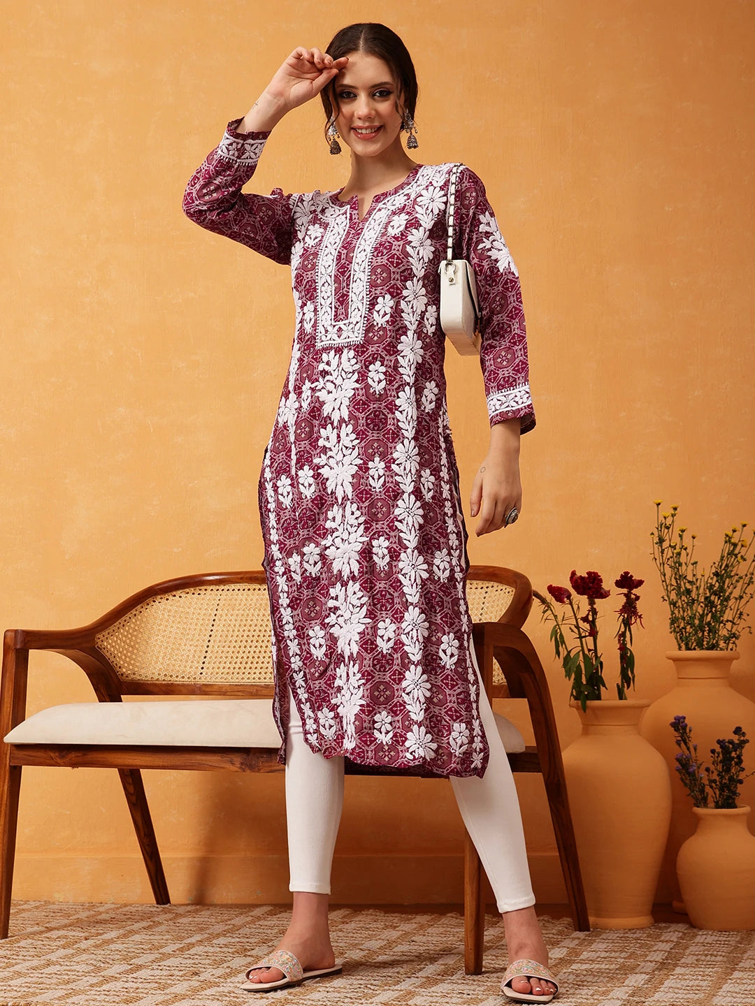 Hand-Embroidered Chanderi Straight Kurta for Modern Sophistication