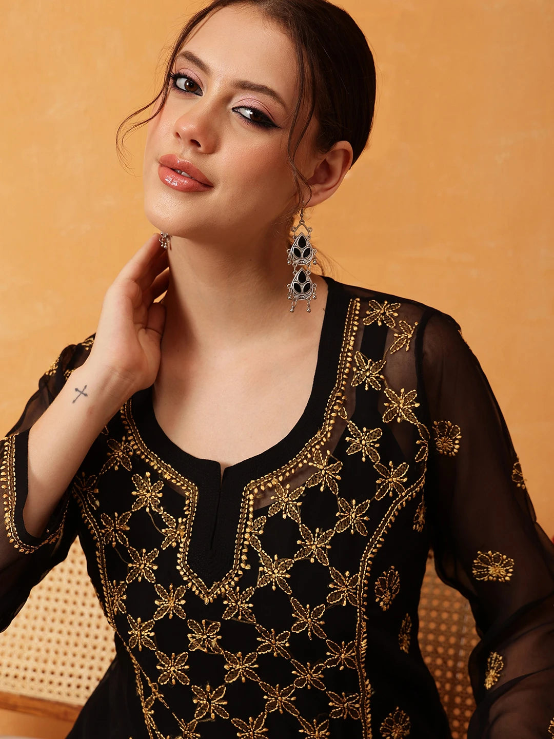 Elegant Black Kurti with Golden Resham Embroidery