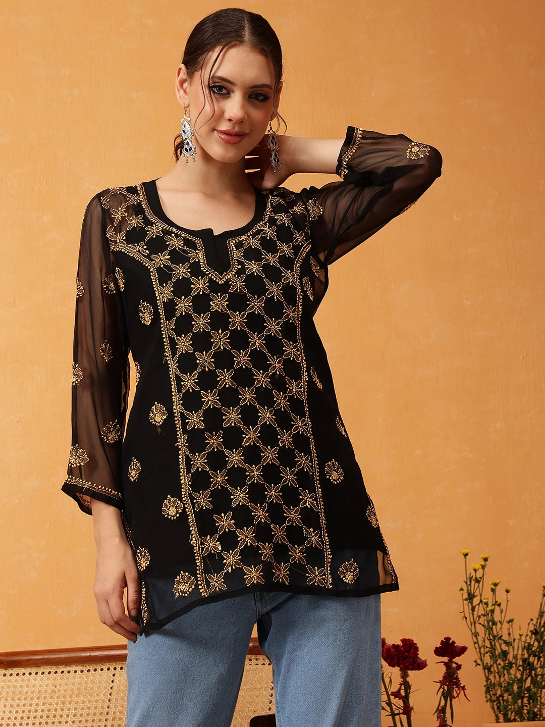 Elegant Black Kurti with Golden Resham Embroidery